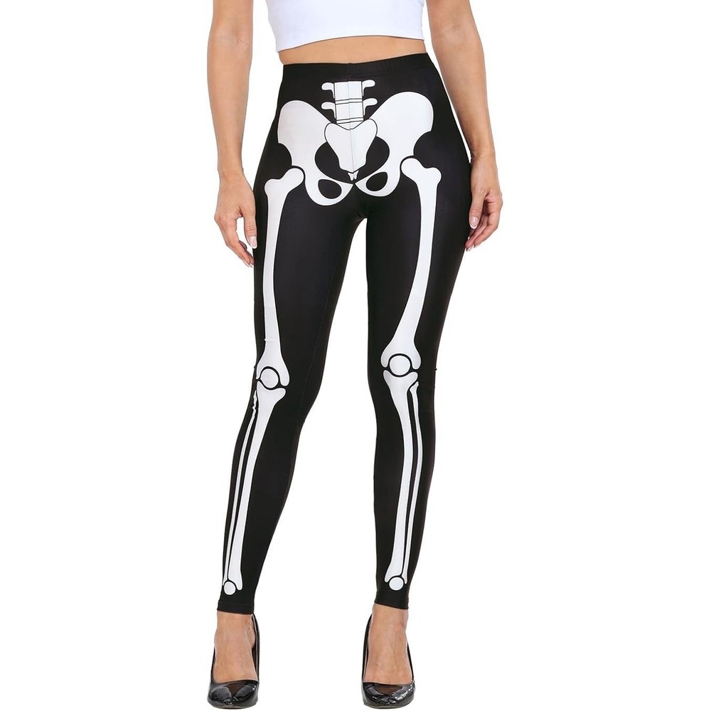HDE Women's Fun Fashion Workout Leggings - Skeleton Bones - Black/White - Medium